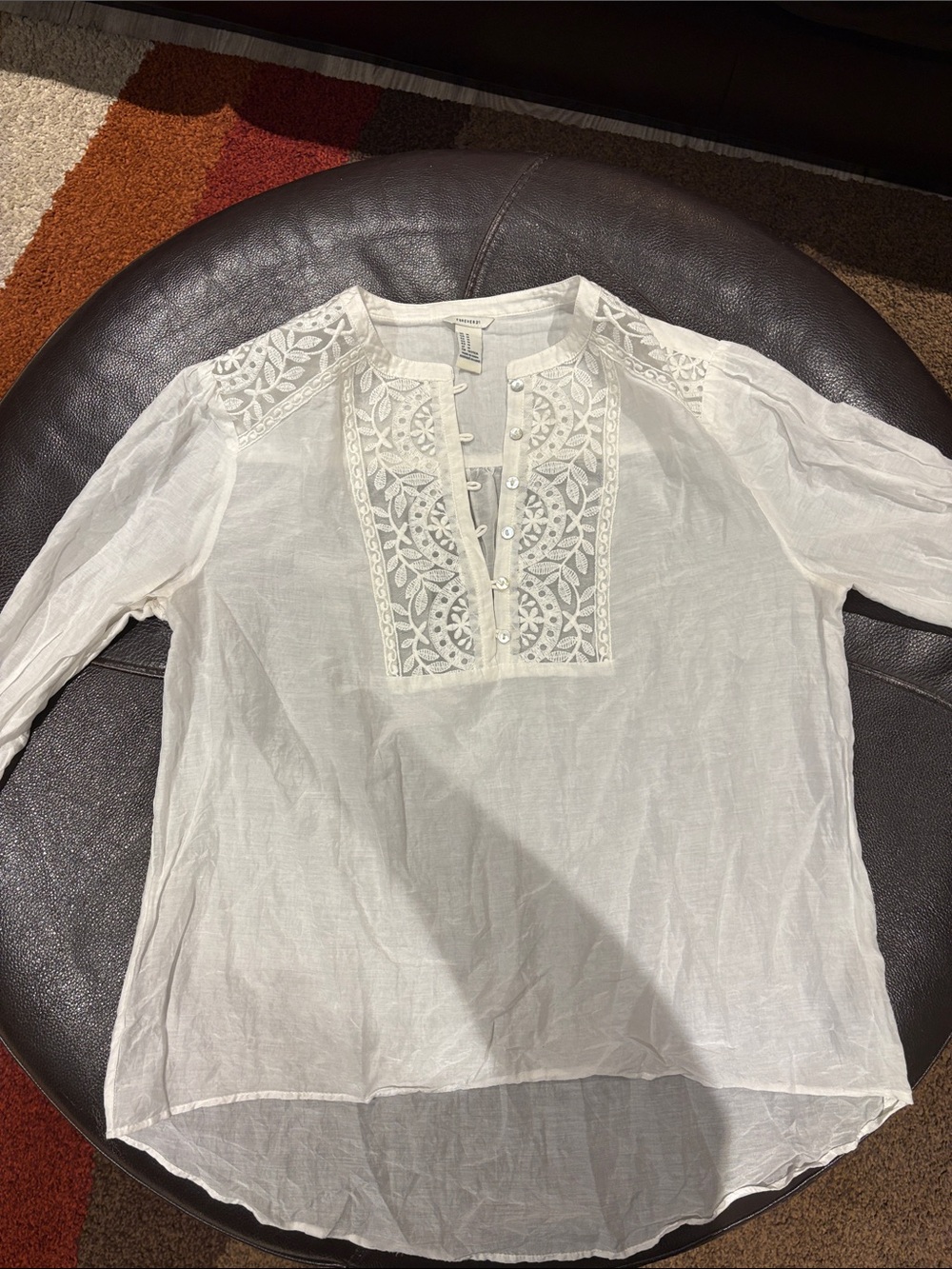 Forever 21 White Embroidered Button Henley Blouse
